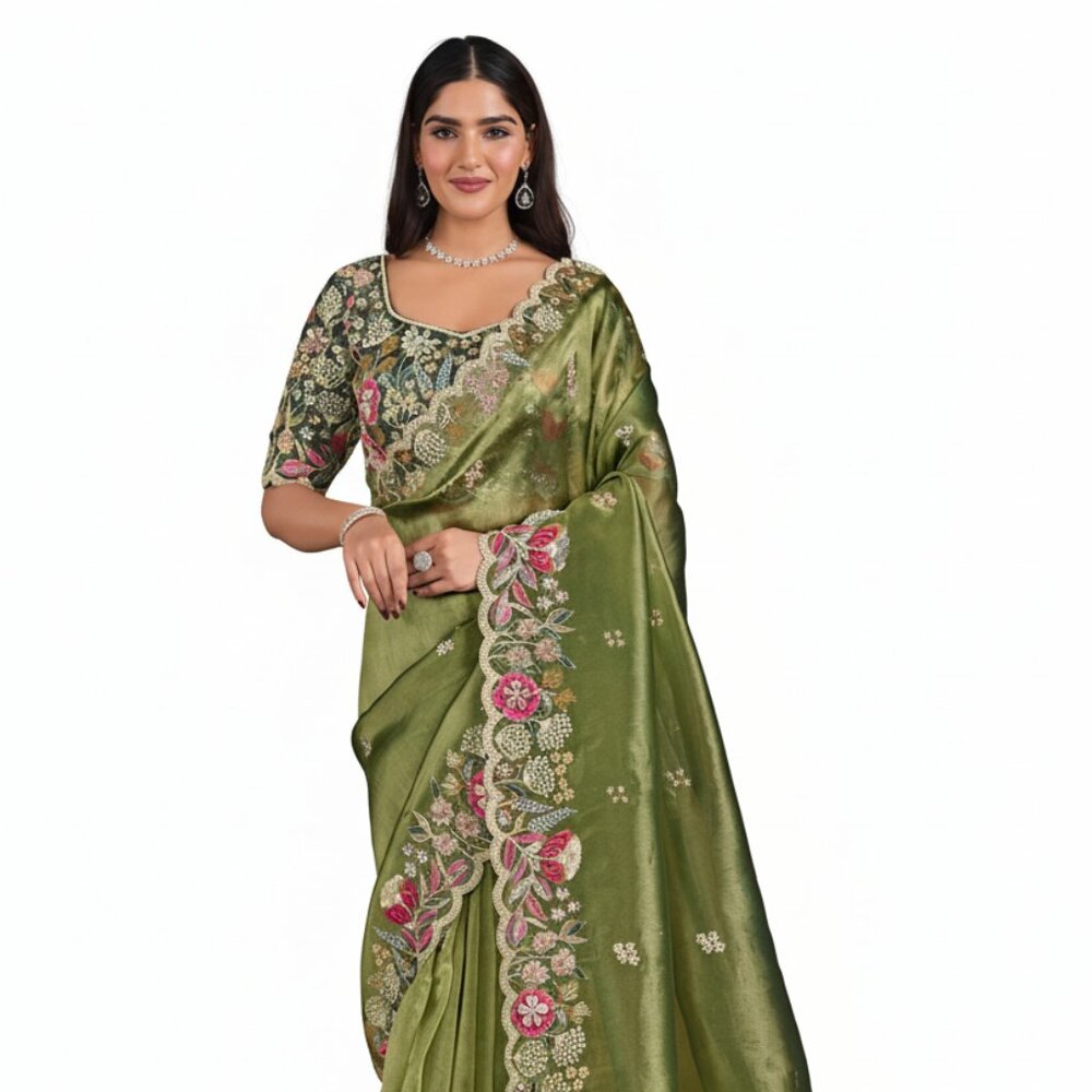 Elegant Women's Embroidered Raw Silk Saree - Olive Green Festive Wear - Green